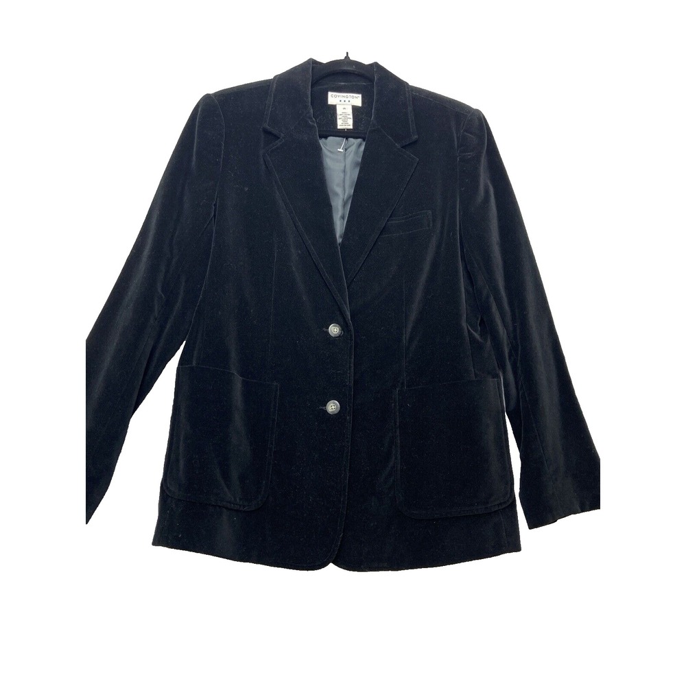 Covington Blazer Women's Large 14 Black Velvet Two Button Lined‎ Career Jacket